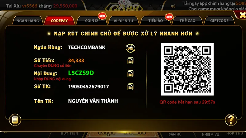 Hệ thống nạp tiền hiện đại và an toàn tại Go88